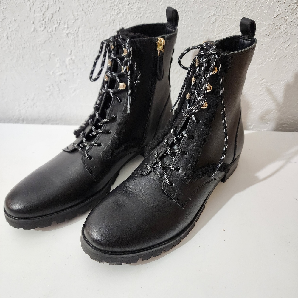 Kate Spade Raquelle Black Leather Combat Zip-Up Lug Sole Boots Women's Size 8.5B